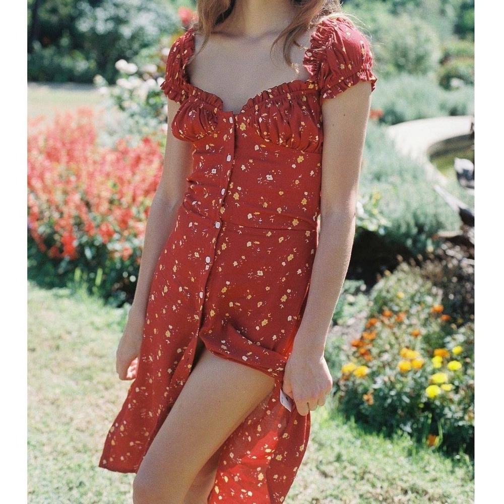 With Jean Red Emilie Floral Midi Dress Off Shoulder Button Up Size Small